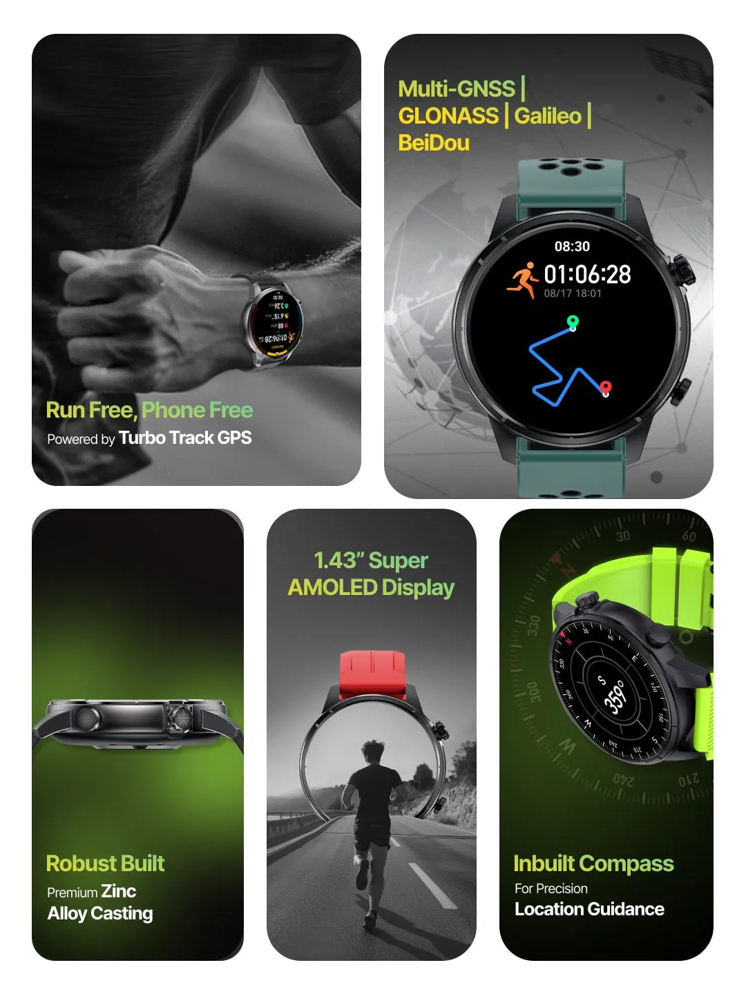 Sprint Running smartwatch with Built-in Turbo Track GPS, Multi-GNSS, Glonass, Galileo & Beidou, 1.43” AMOLED Display