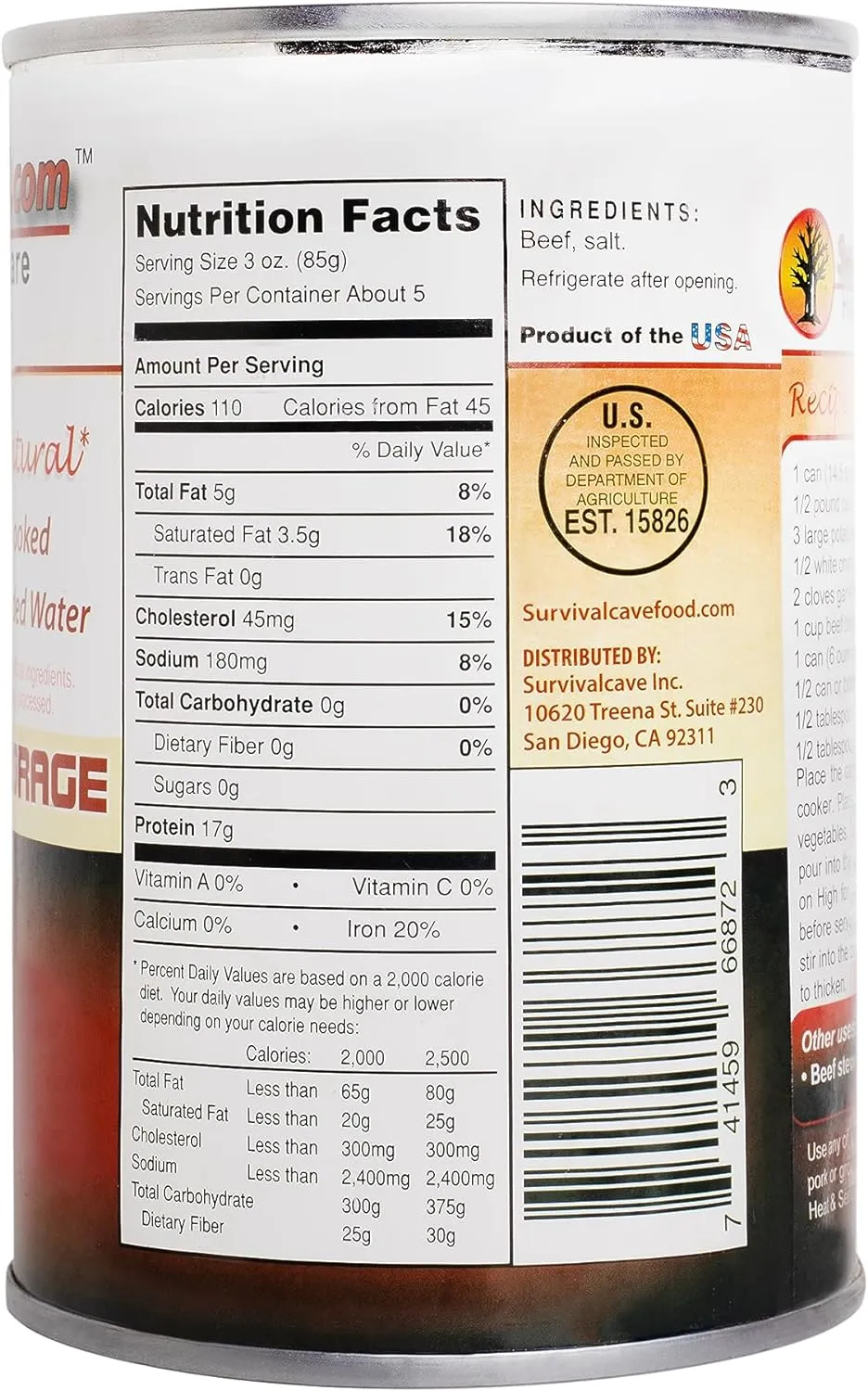 Survival Cave Canned Beef Food Storage - Full Case, 12 Cans/60 Servings - 14.5 oz Cans