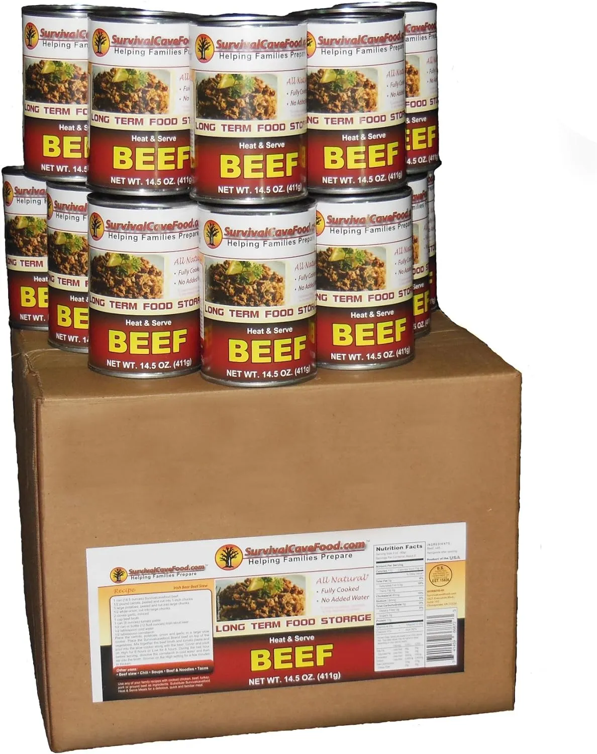 Survival Cave Canned Beef Food Storage - Full Case, 12 Cans/60 Servings - 14.5 oz Cans