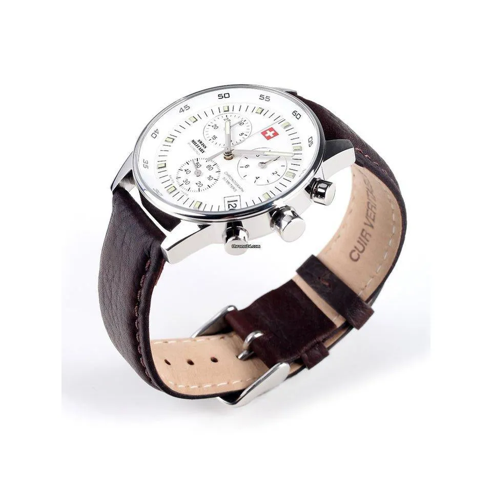 Swiss Military Brown Leather White Dial Chronograph Men's Watch - SM34012.11