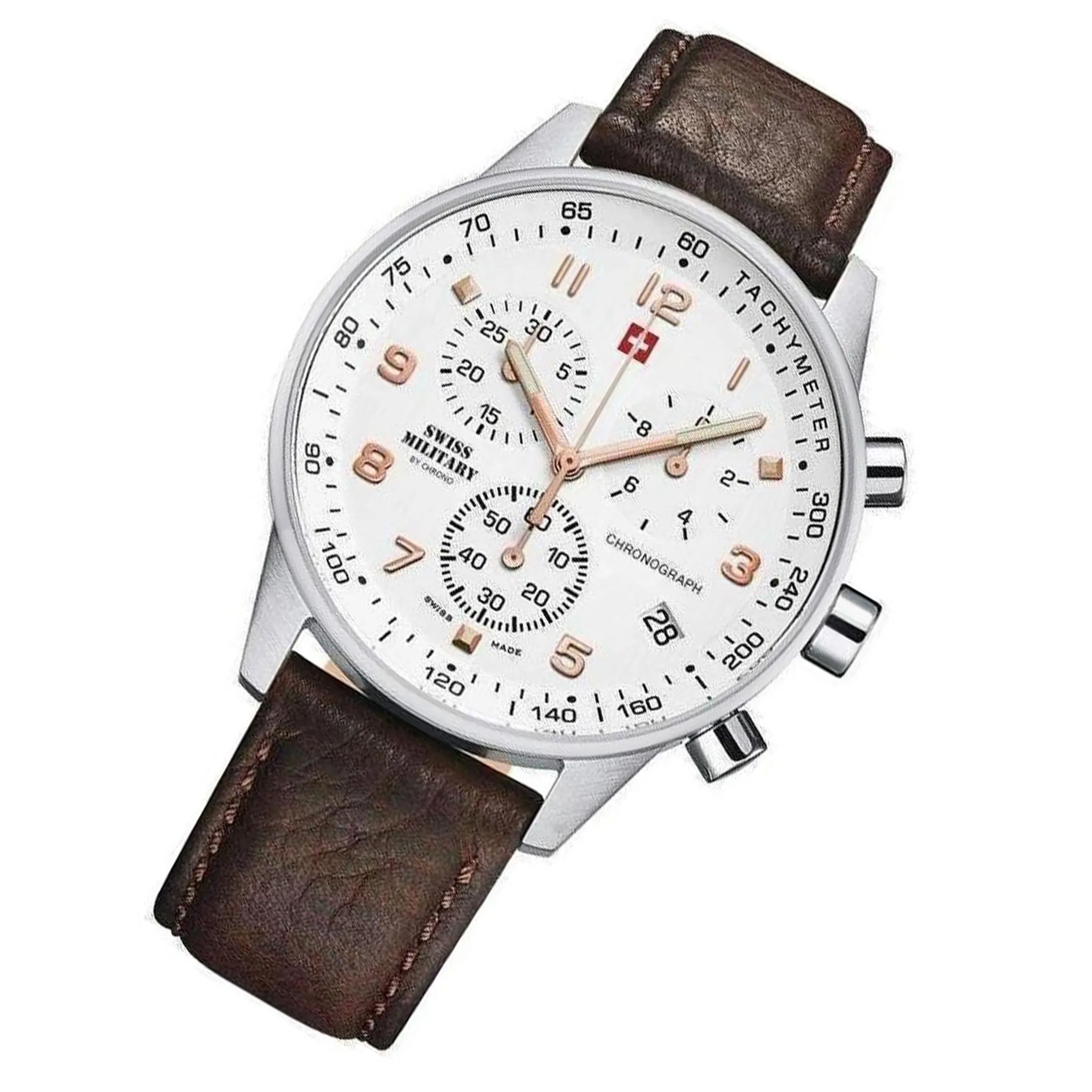 Swiss Military Brown Leather White Dial Chronograph Men's Watch - SM34012.11