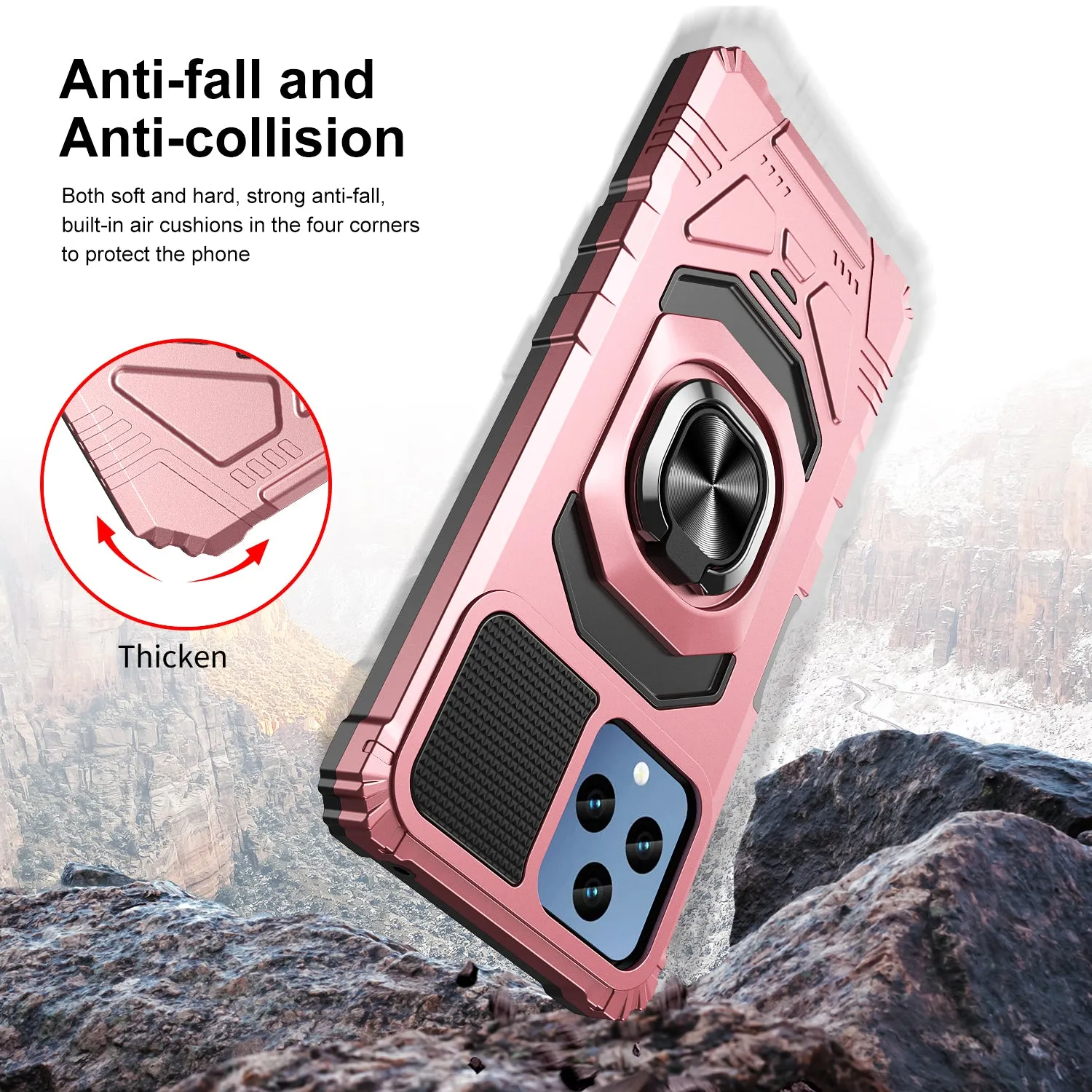 T-Mobile REVVL 6 5G Case [Military Grade] Ring Car Mount Kickstand w/[Tempered Glass] Hybrid Hard PC Soft TPU Shockproof Protective Case - Rose Gold