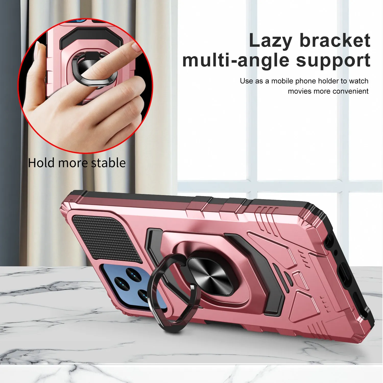 T-Mobile REVVL 6 5G Case [Military Grade] Ring Car Mount Kickstand w/[Tempered Glass] Hybrid Hard PC Soft TPU Shockproof Protective Case - Rose Gold