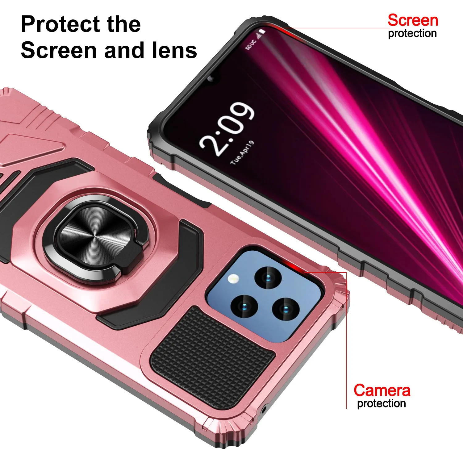 T-Mobile REVVL 6 5G Case [Military Grade] Ring Car Mount Kickstand w/[Tempered Glass] Hybrid Hard PC Soft TPU Shockproof Protective Case - Rose Gold