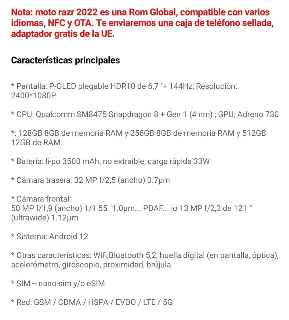 Teléfono Motorola RAZR 144 Hz version GLOBAL 12 GB en ROM   256 GB