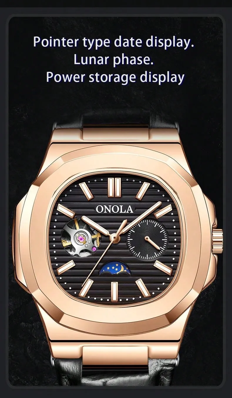 Tourbillon Leather Mechanical Watches Luminous Waterproof Men Watch