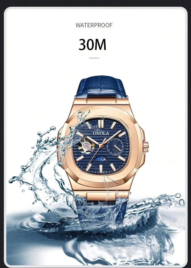 Tourbillon Leather Mechanical Watches Luminous Waterproof Men Watch