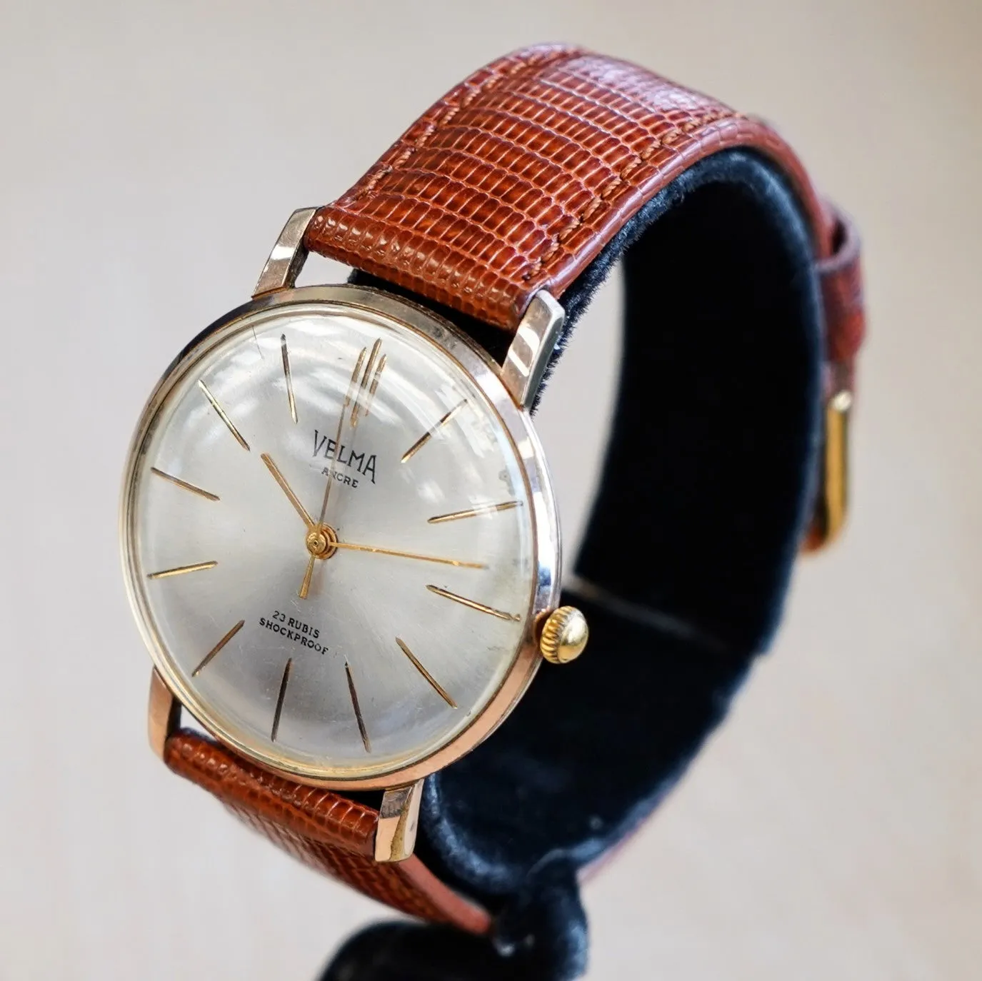 Vintage VELMA Ancre Watch 23 Rubis Shockproof 35mm Dress Wristwatch