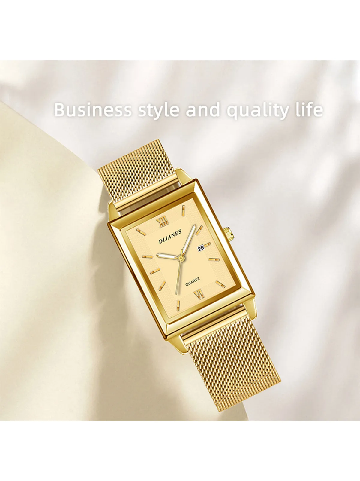 Women Gold Color Stainless Steel Strap Luxury Rectangle