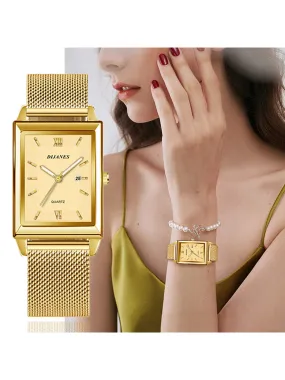 Women Gold Color Stainless Steel Strap Luxury Rectangle