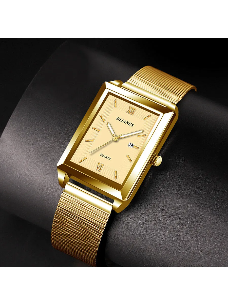Women Gold Color Stainless Steel Strap Luxury Rectangle