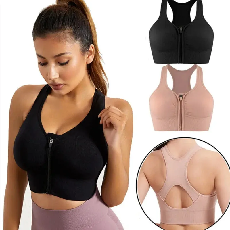 Women Zip Sports Bra Tank Plus Size Shockproof Gather Brassiere Female Yoga Running Fitness Bralette Women's Lingerie Underwear
